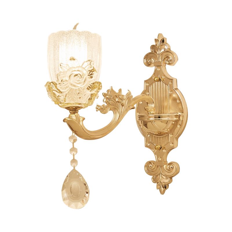 Klarer Kristallblumen-Schatten Wandlampe traditionelle 1/2-Kopf-Wohnzimmerleuchte in Messing mit kurviger Arm