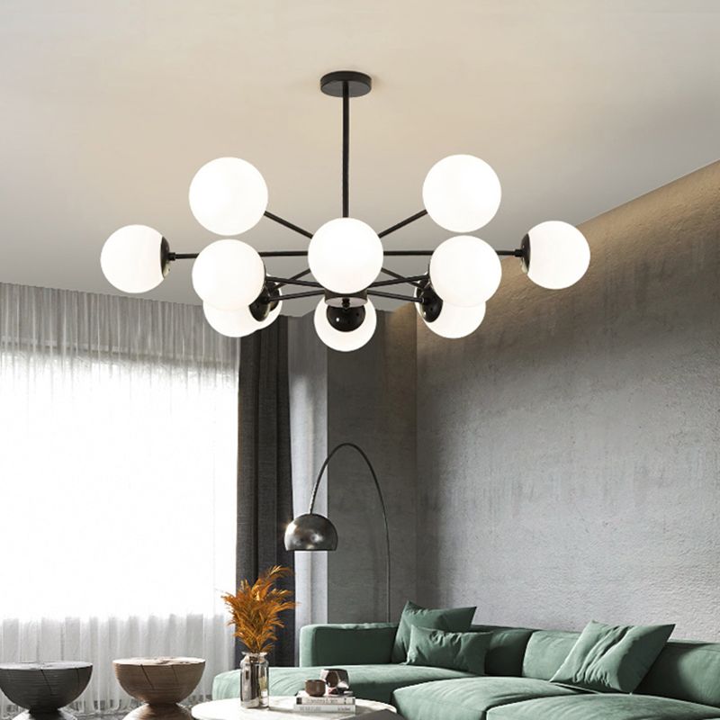 Nordic Globe Chandelier Black Multi Light Hanging Light with White Glass for Bedroom