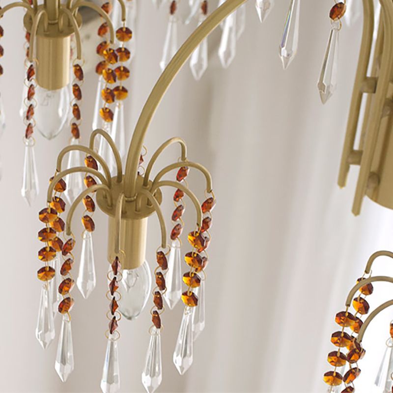 Country Style Branch Pendant Lamp Crystal Beading Chandelier in Brass for Cafe