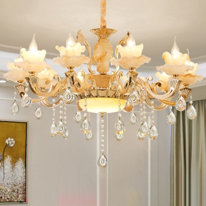 Gouden bloemenschaduw kroonluchter licht retro glas woonkamer hanglamp lamp met hangende kristal