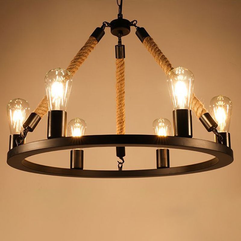 Industrial Art Rope  Hanging Chandelier Light  Circular Black Metal Exposed Bulb Drop Lamp