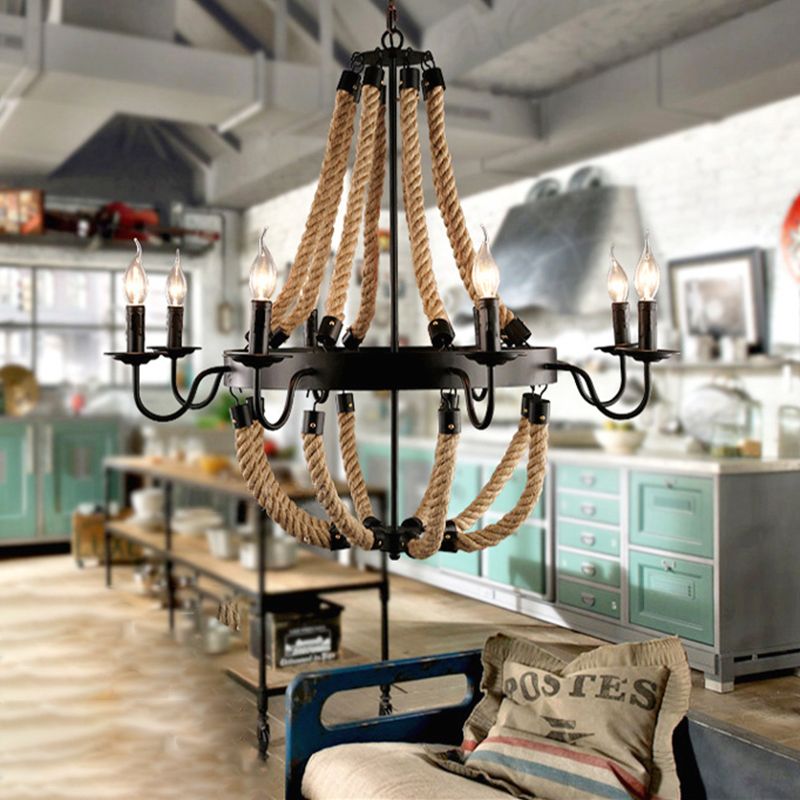 Loft Style Candelabrum Chandelier 8 Bulbs Hemp Rope Hanging Lamp in Black for Living Room