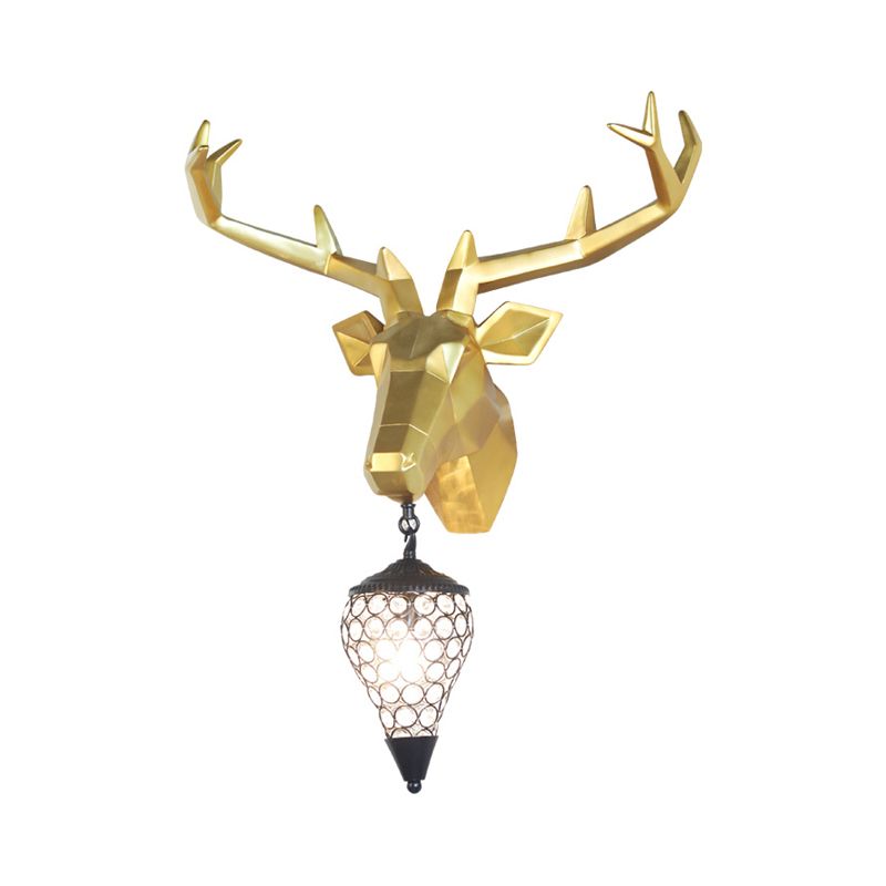 1 Light Wall Lamp Country Deer Resin Sconce Light Fixture in Black/Gold with Teardrop Crystal Shade