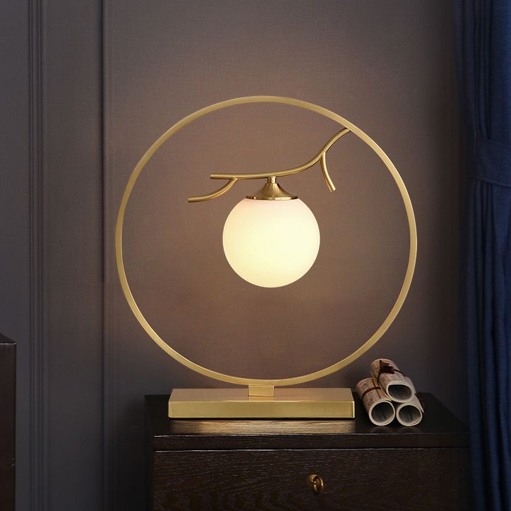 Postmodern Ball Shade Nightstand Lamp Ivory Glass 1-Light Living Room Table Light in Brass
