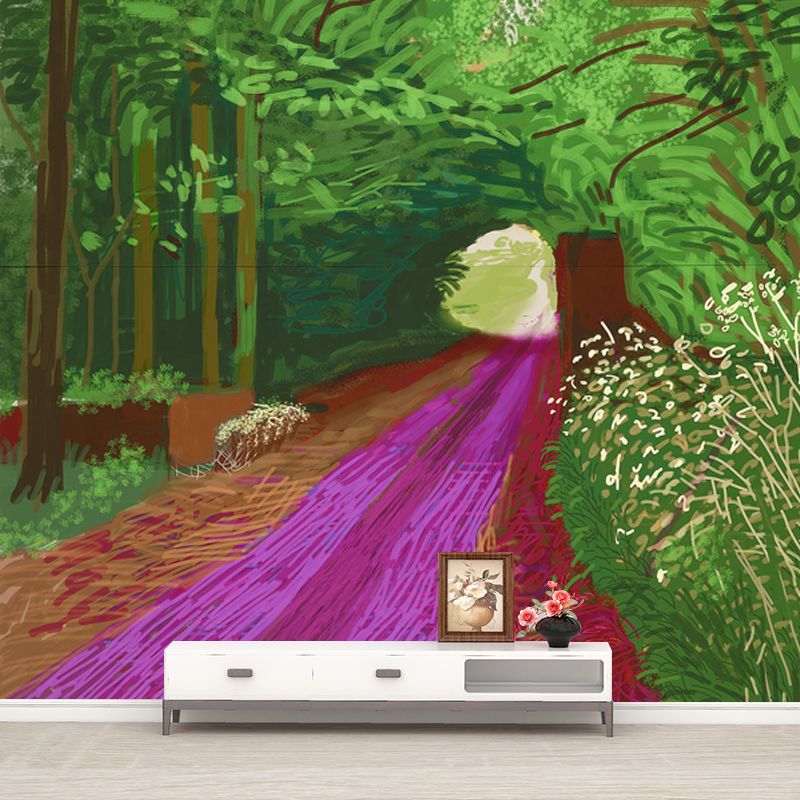 Pop Art Road Painting Mural Wallpaper Green-Purple Stain Resistant Wall Decor for Home