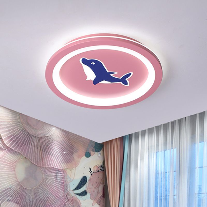 Simplicity LED Flush Mount Lamp with Acrylic Shade Pink Round Dolphin Pattern Flush Ceiling Light for Living Room, Warm/White Light