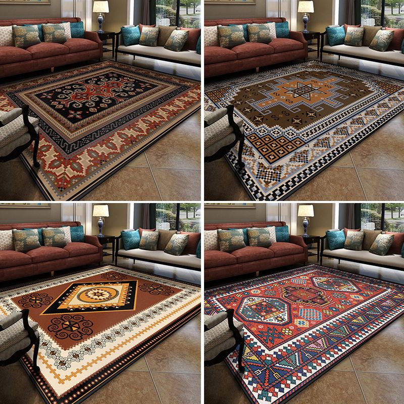 Turkish Meeting Room Area Rug Multicolor Symmetrical Tribal Pattern Rug Polypropylene Anti-Slip Stain Resistant Washable Carpet