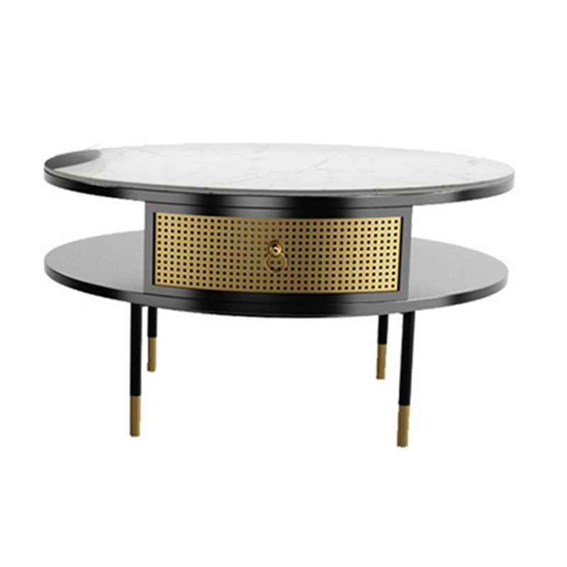 17.7" H Round Slate Coffee Table 4 Legs Cocktail Table with 2 Drawers