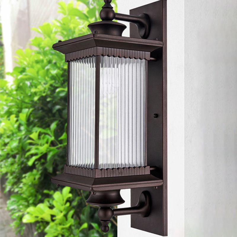 Vintage Rectangle Wall Light Fixture Single-Bulb Ribbed Glass Wall Mounted Lamp for Yard