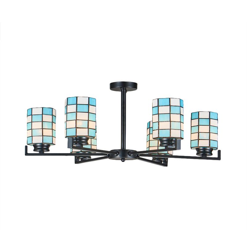 Stained Glass Black/White Semi Mount Lighting Cylinder 3/6/8 Lights Baroque Ceiling Mounted Light