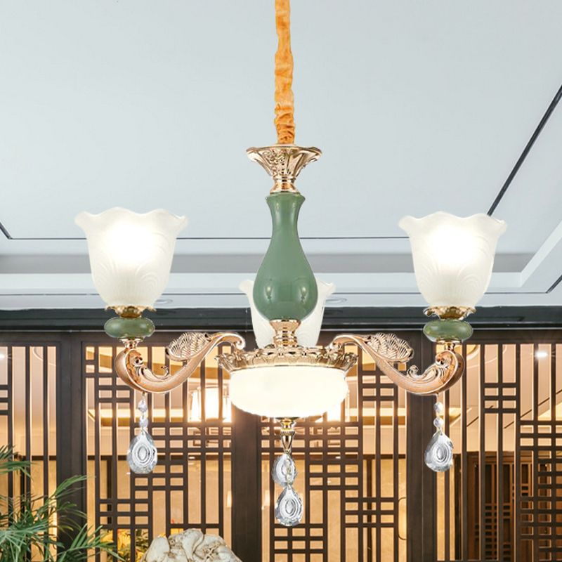 Floral Bedroom Up Chandelier Antique Milk Frosted Glass 3/6 Bulbs Gold and Green Hanging Light with Crystal Drop