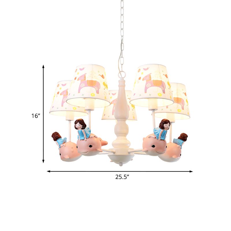 Barrel Hanging Chandelier Cartoon Fabric 5-Head White Finish Radial Pendant Light Kit with Carousel/Fish and Girl Deco