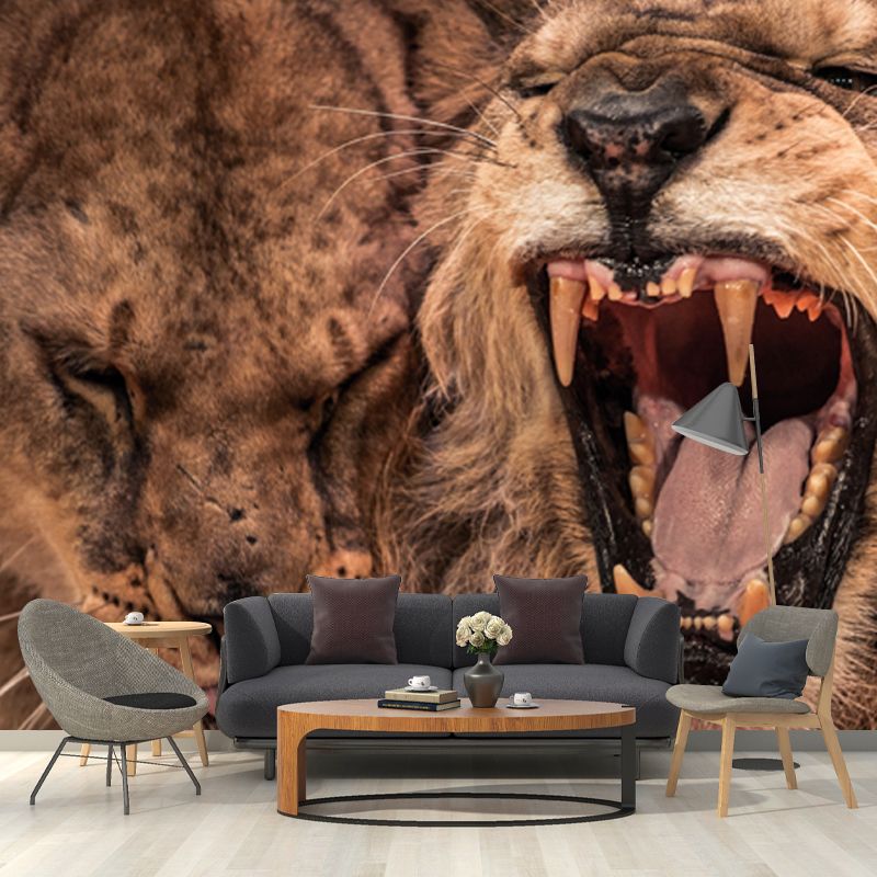 Waterproof Furious Lion Roaring Mural Modern Non-Woven Fabric Wall Covering, Custom Made