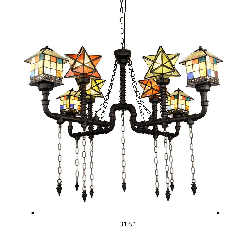 Stained Glass Chandelier with House and Star Rustic Antique Hanging Ceiling Light for Living Room