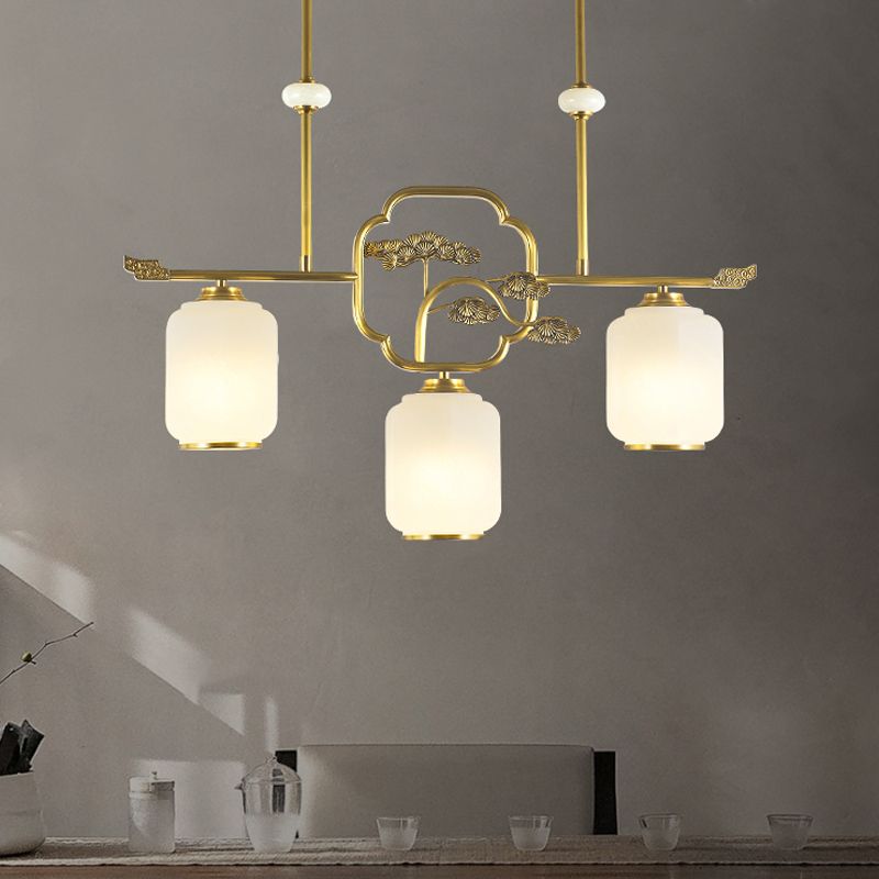 Accesorios de iluminación de la isla de cilindro modernos de vidrio blanco 3 iluminación colgante