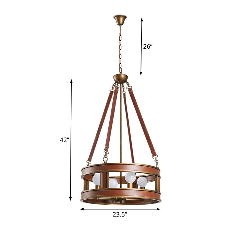 Brown Round Chandelier Lamp Country Style Metal 4 Lights Living Room Hanging Fixture