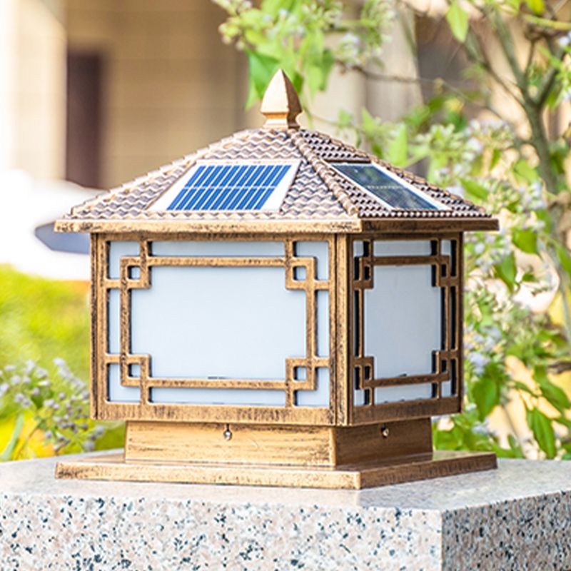 Square Shape Solar Pillar Lamp Contemporary Metal Outdoor Waterproof Light