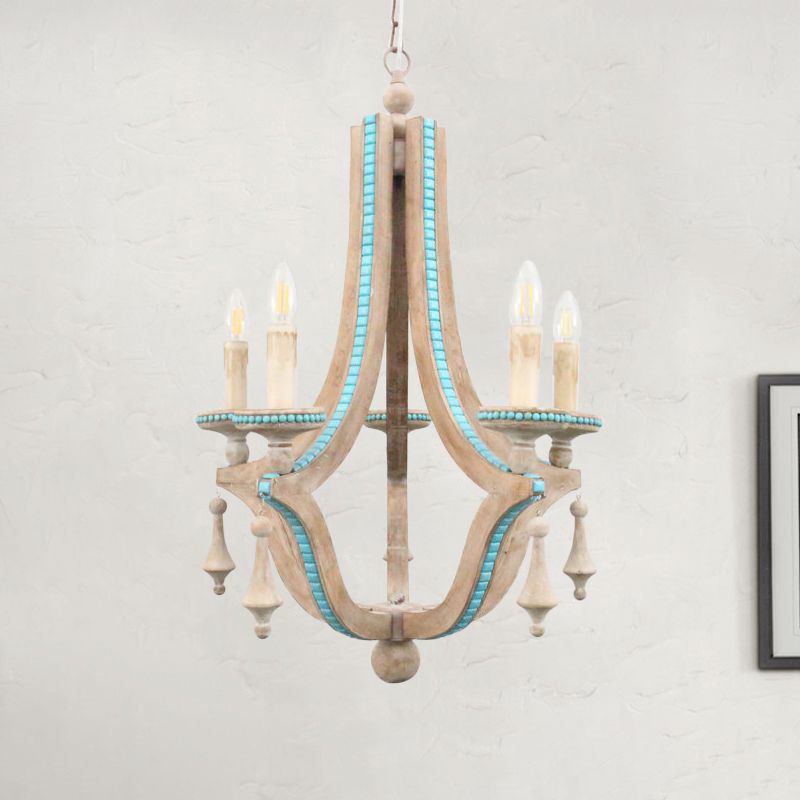 Chandelier de lustre en bois rustique 5 têtes Kit de lampe suspendue beige pour le salon