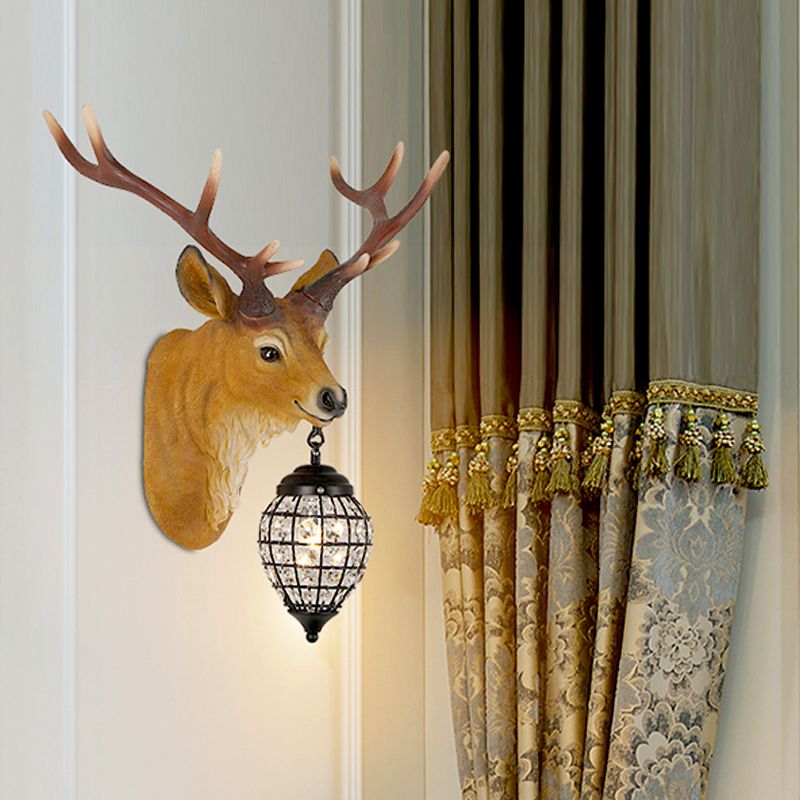 1 Kopfwandleuchten Beleuchtung rustikaler Elchharz -Wandlampe in Braun mit Kristall -Wasserdrop -Schatten, 14,5 "/20" W.