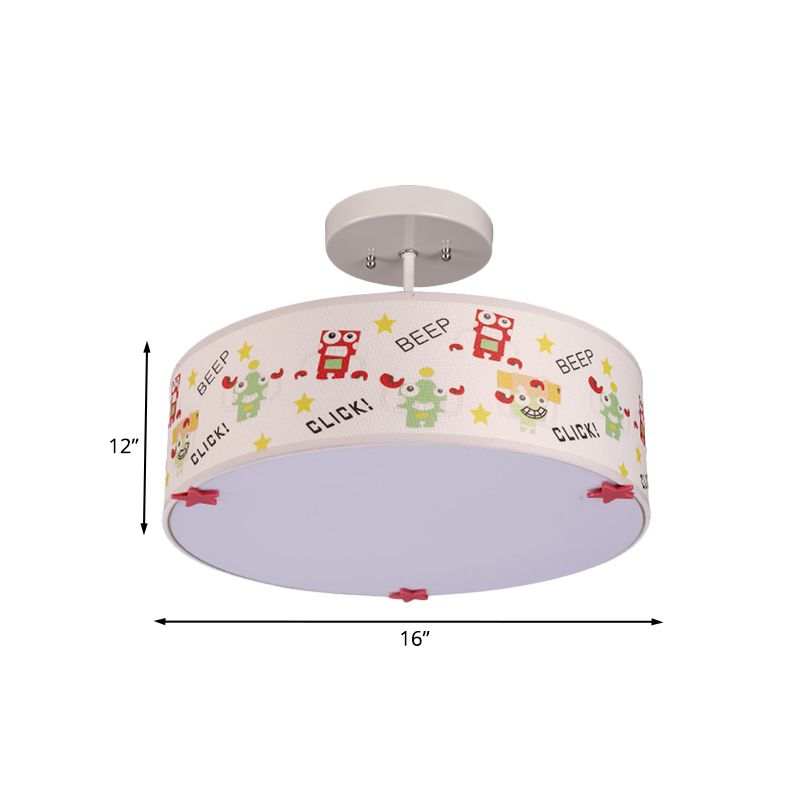Drum Semi Mount Lighting Cartoon Fabric 3 Bulbs Flush Ceiling Light with Animal Pattern in White
