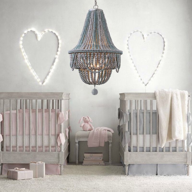 Pink/Blue Laser Cut Empire Chandelier Nordic Wood 8 Heads Pendant Lighting Fixture with Spherical Drop