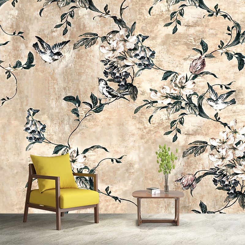 Peintures murales de Style chinois de couleur Pastel, décoration murale à motifs d'oiseaux entiers et de branches de pêche pour chambre à coucher