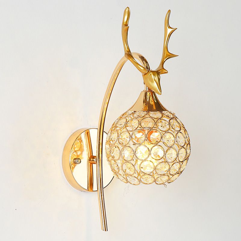 Gold Deer Head Wall Lamp Fixture Minimalist Metal Sconce Light with Ball Crystal Shade