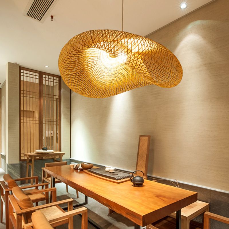 Hat Shape Dinning Room Pendant Lighting Fixture Bamboo Modern Hanging Lamp Kit in Beige