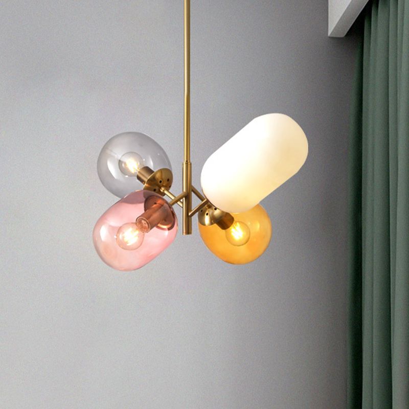 Goldene elliptische hängende Kronleuchter einfache 4 Lampen mehrfarbige Glasanhängerlampe für Esszimmer