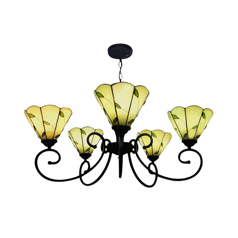 Loft Style Leaf Chandelier Lighting 5 Lights Stained Glass Hanging Pendant Light in Beige