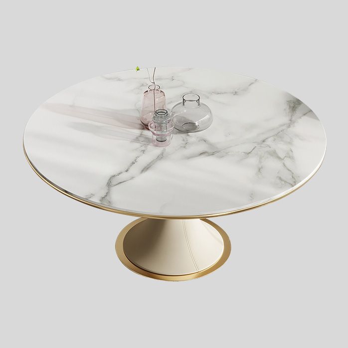 Mesa de comedor de lujo tradicional redonda mesa de piedra sinterizada blanca con base de pedestal blanco