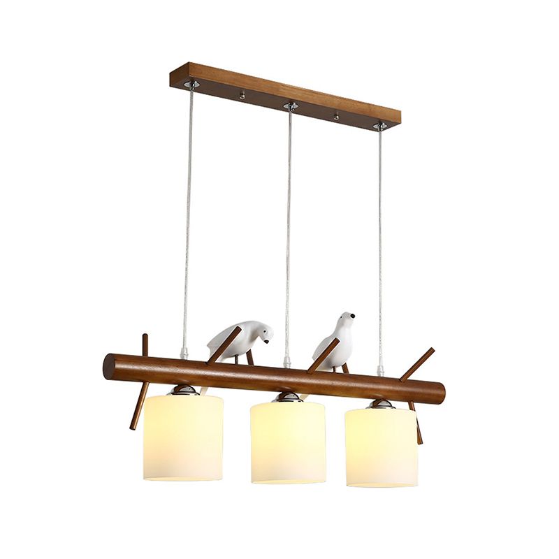 Cylinder Restaurant LED Pendant Light White Glass Simplicity Hanging Island Light with Resin Bird