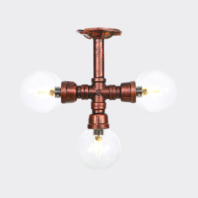 Rustic Global Lámpara de techo semiempotrada de vidrio transparente de 3/4 luces, iluminación empotrada en cobre