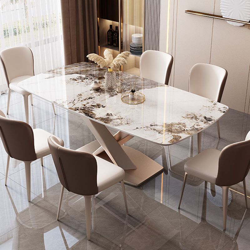 Mesa de comedor rectangular de estilo moderno de metal, mesa superior de piedra sinterizada para comedor