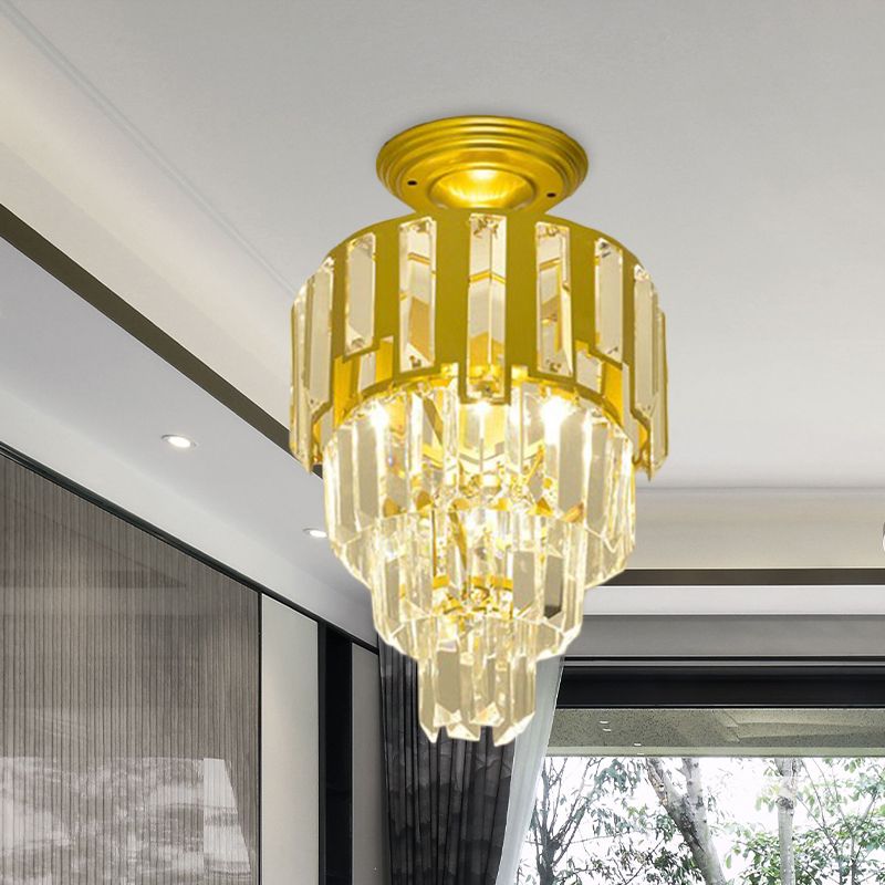 Crystal Rods Gold Flush Mounted Light 4-Tier Taper Single Post-Modern Semi Flush Ceiling Light Fixture