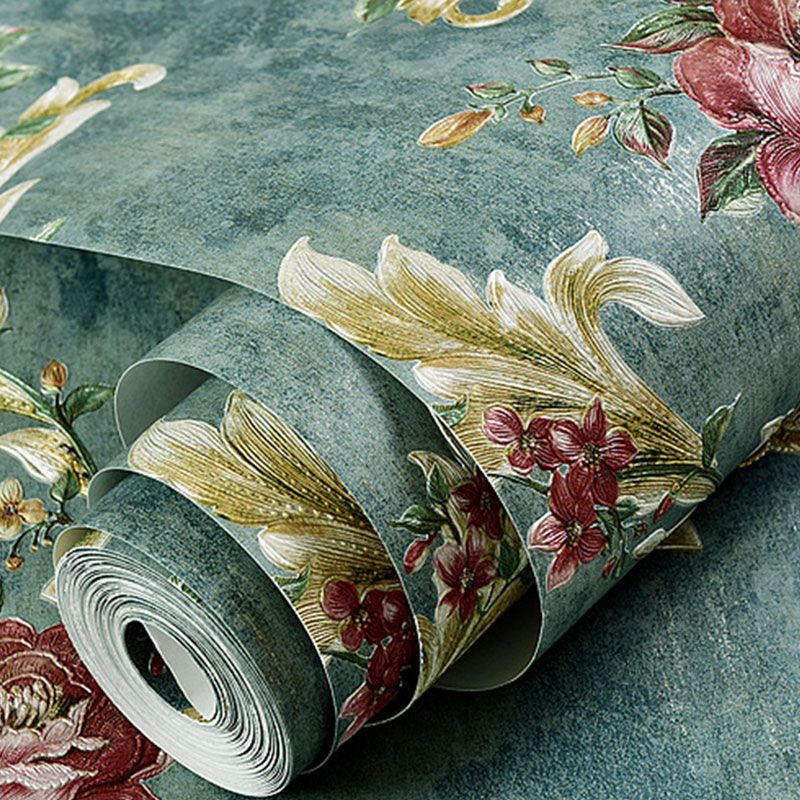 33' x 20.5" Flowers Wallpaper for Guest Room Decoration Leaves Wall Covering in Dark Green, Moisture-Resistant