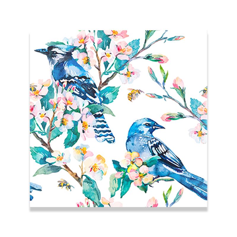 Bright Color Childrens Art Painting Bird and Flower Branch Canvas Print for Dining Room