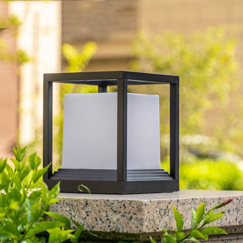Metal Rectangular Shape Outdoor Lights Modern 1 Light Waterproof Pillar Lamp in Black