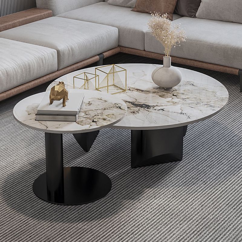 Contemporary Round Coffee or End Table Iron and Stone Coffee Table in Black and White