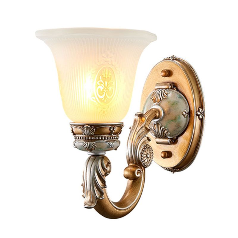 1/2-Head Wall Sconce Traditional Bell Shape Fluted Opal Glass Wall Lighting Idea in Brown