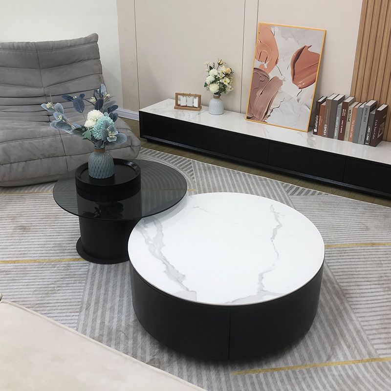 Round Stone Coffee Table Pedestal Nesting Coffee Table Set with Drawer