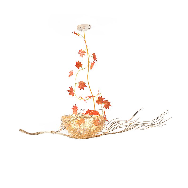 47" W White Glass Ball Chandelier Art Decorative 3-Light Hanging Light Fixture in Gold with Nest and Maple Leaves