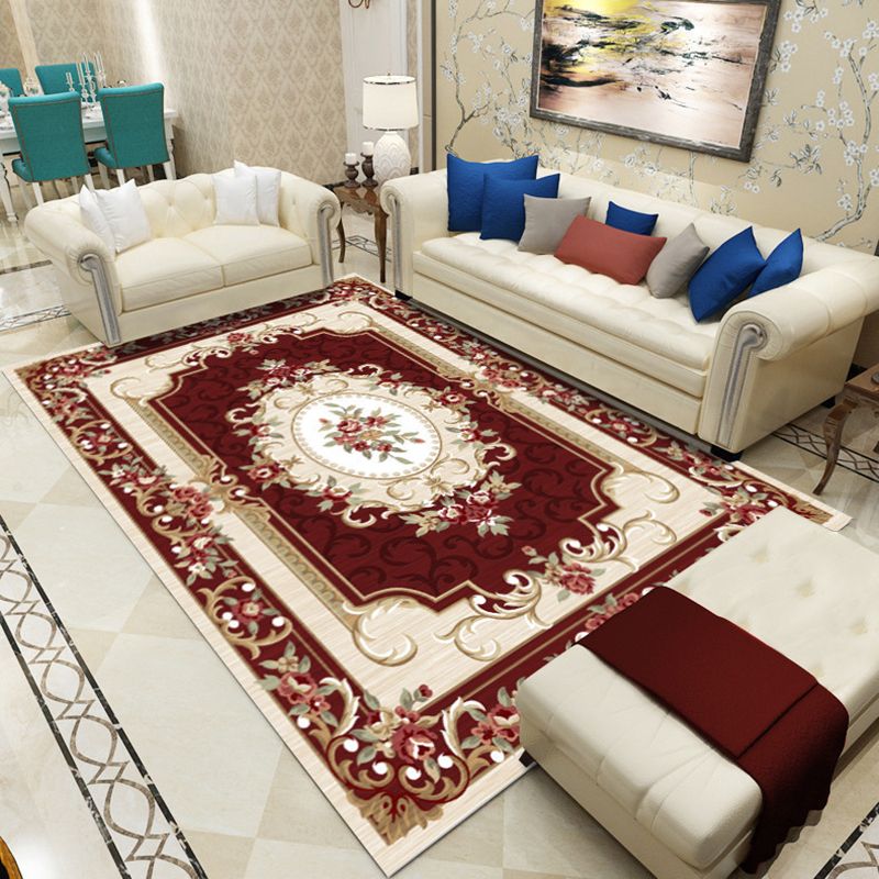 Nostalgia Living Room Rug Floral Print Carpet Polyester Washable Stain Resistant Indoor Carpet