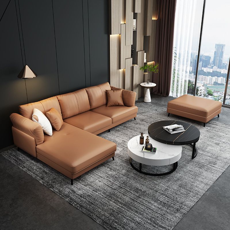 Modern 33.46 " H Brown Faux Leather Pillow Top Arm Sofa & Chaise