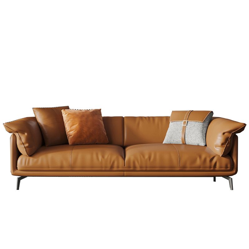 Modern Style Square Armrest Padded Down Seat Orange Leather Sofa