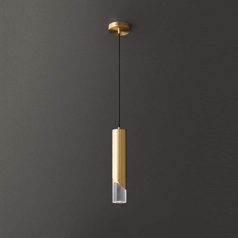 Cilindrische koperen LED -verlichting Hanger Acryl schaduw Minimalisme Slaapkamer Suspensielamp met 78,7 "Hangdraad