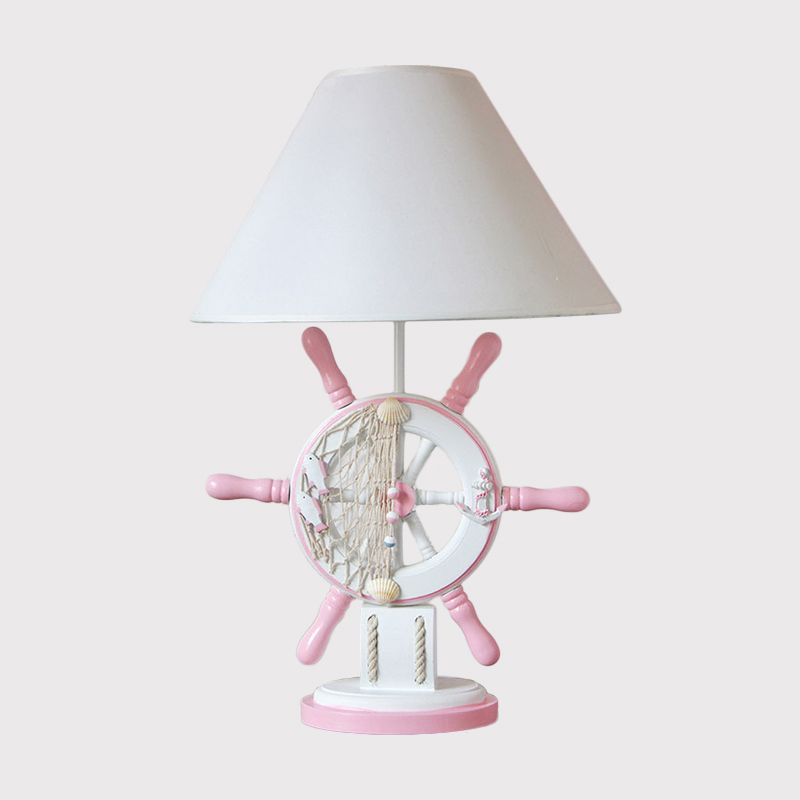 Lampada da tavolo per bambini in resina timone Lampada da scrivania a testa singola rosa/verde con paralume in tessuto bianco a botte