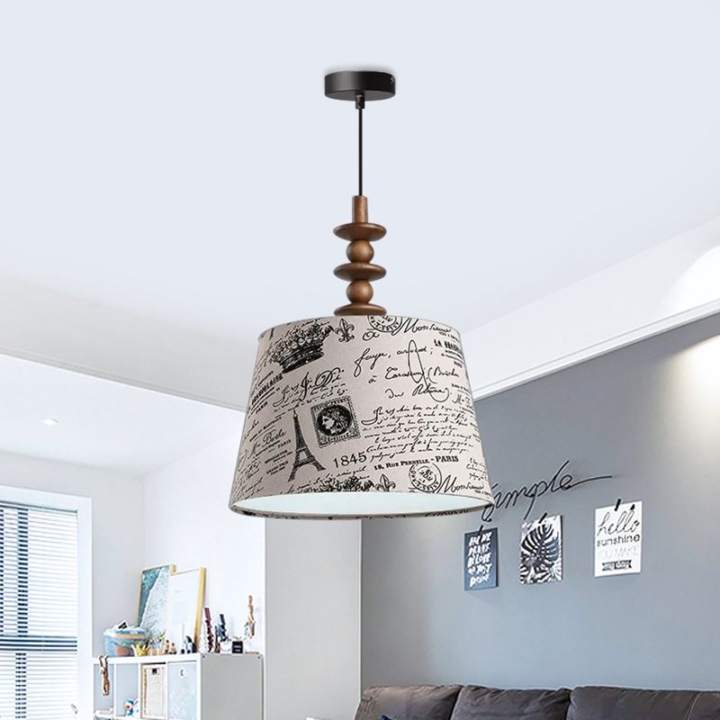 1 Bulb Fabric Suspension Light Countryside Fabric White Conical Script Printing Dining Room Drop Pendant