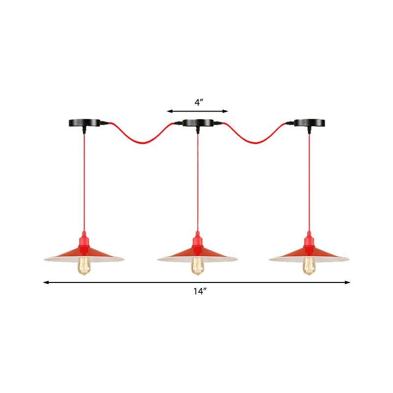 Industrial Style Flared Hanging Lamp 3/5 Lights Metallic Hanging Light Fixture in Red for Kitchen