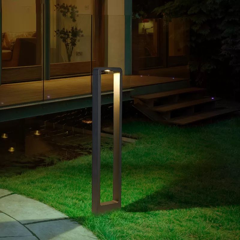 Contemporary Metal Pillar Lamp Rectangle Shape Outdoor Waterproof Light with Glass Shade